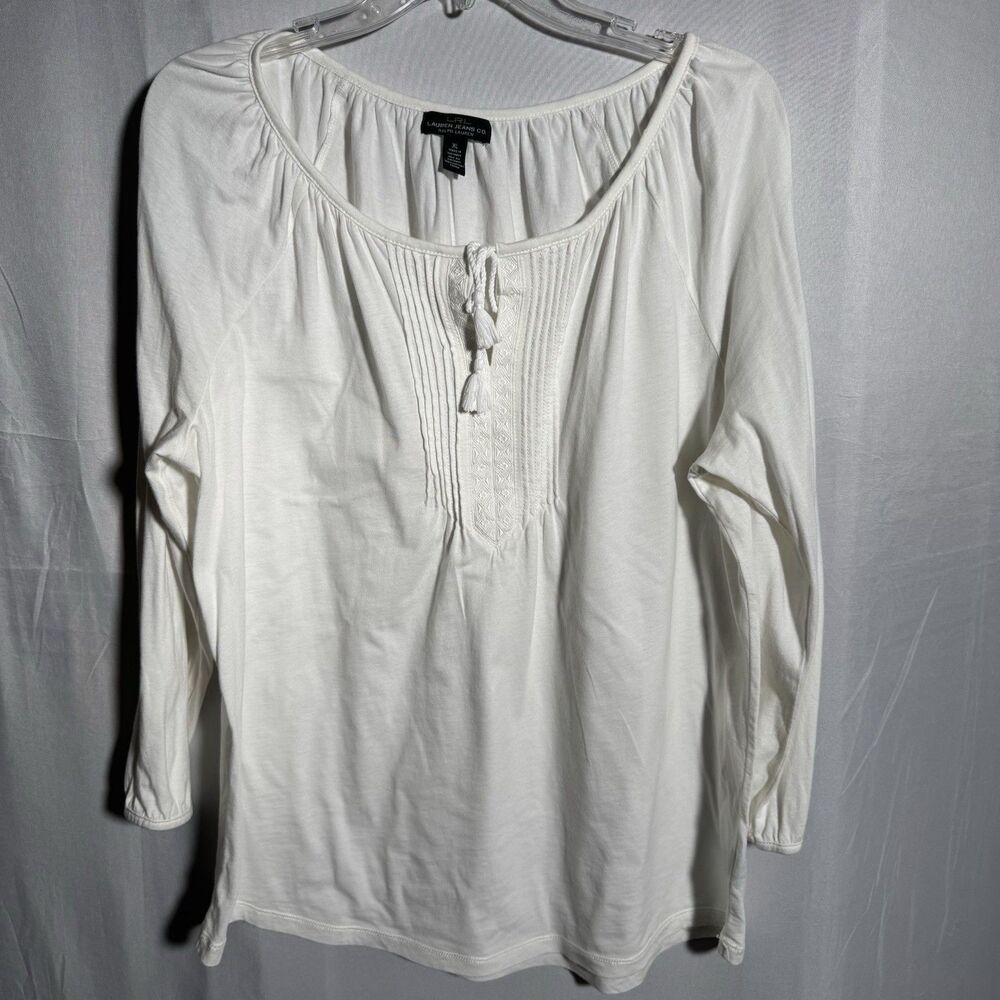 Lauren Ralph Lauren Women’s Peasant Top XL White Boho Tassel Long Sleeve Tunic